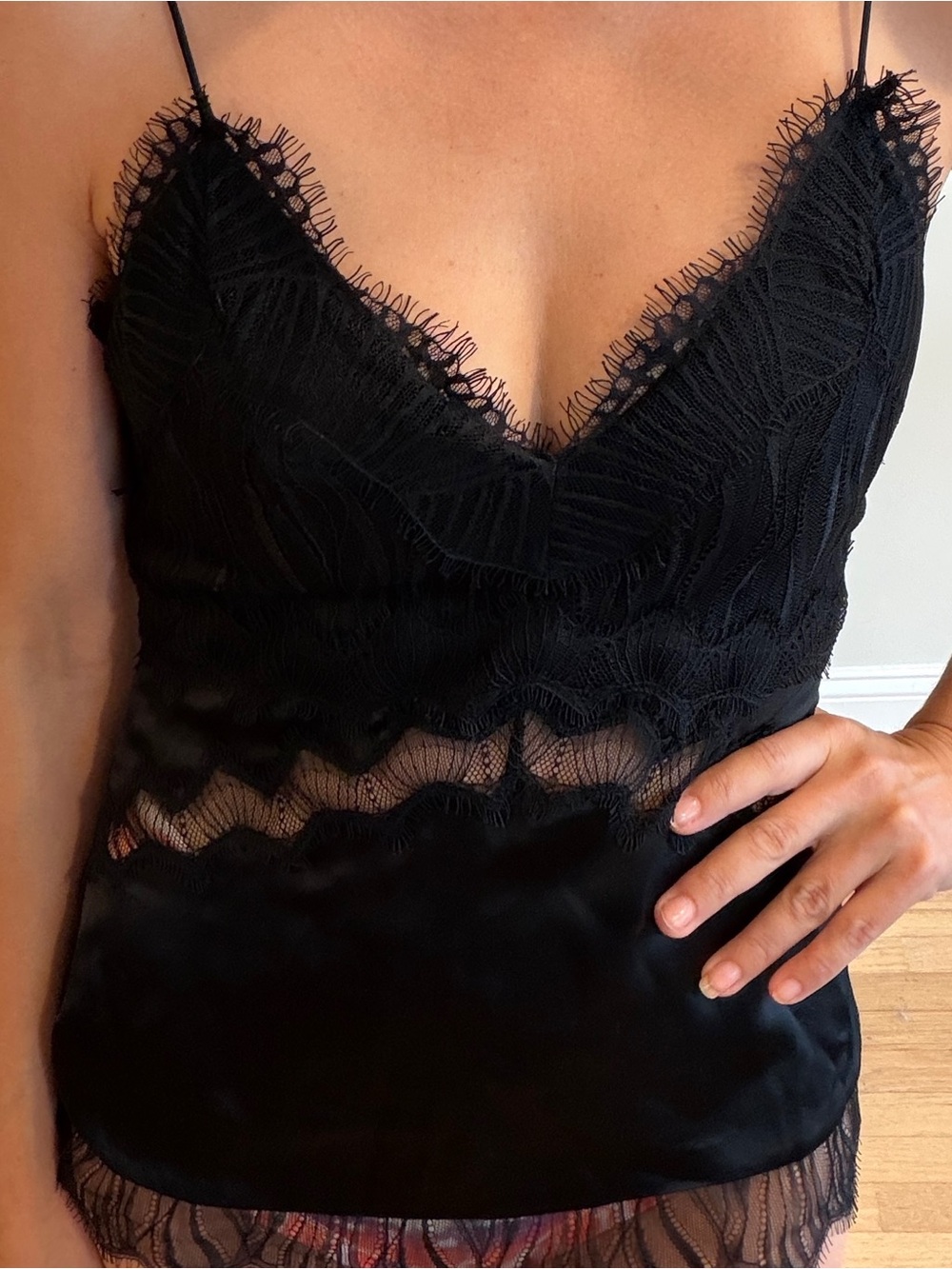 The Kooples Black Lace-Trim Satin Cami